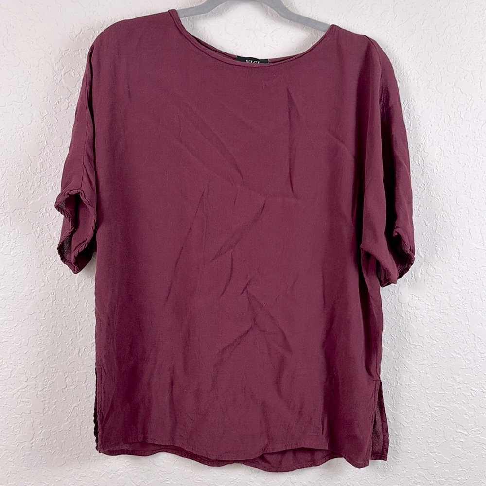 VICI Short Sleeve Round Neck Lightweight Blouse Top | Wine Maroon | Large